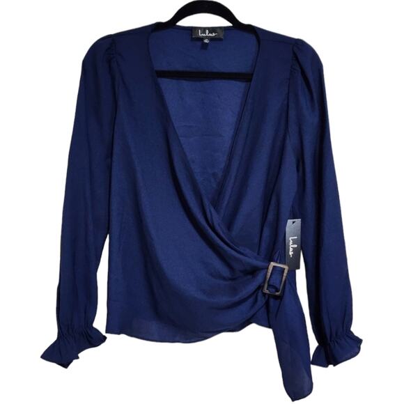Lulus Navy Blue Wrap Blouse with Buckle Detail Women’s Size Medium - Picture 2 of 8